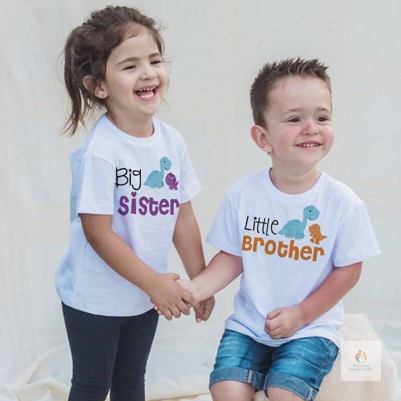 Big Sister Little Brother Kids Dinosaur T shirt for Boys Girl Matching Outfit Tops Summer T Shirt Children Clothes Short
