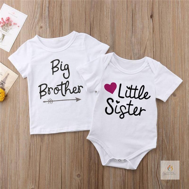 Family Matching Kids Baby Little Sister Short Sleeve Letters Rompers Bodysuit Big Brother Casual T shirt Tops Kids Boys 1 1