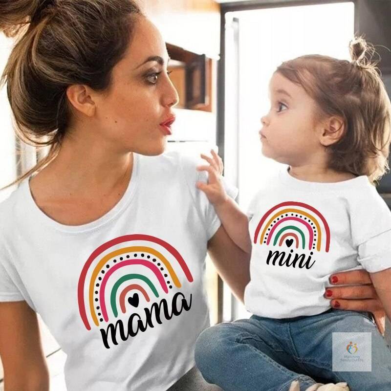 Funny Rainbow T shirts Matching Mother Daughter Clothes Summer Family Matching Outfits Short Sleeve Family Look Girls Co 1
