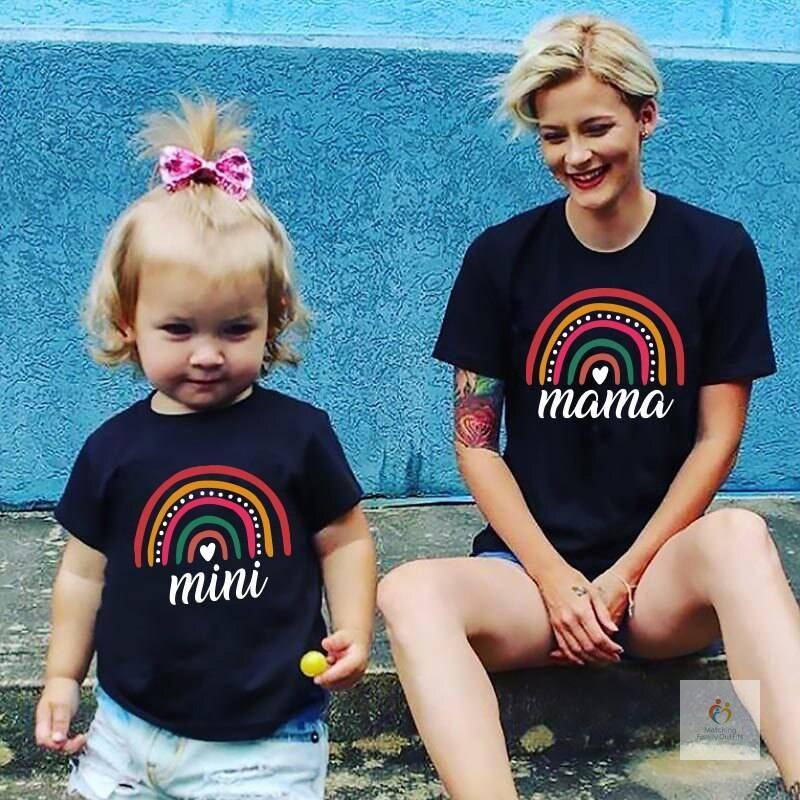 Funny Rainbow T shirts Matching Mother Daughter Clothes Summer Family Matching Outfits Short Sleeve Family Look Girls Co 3