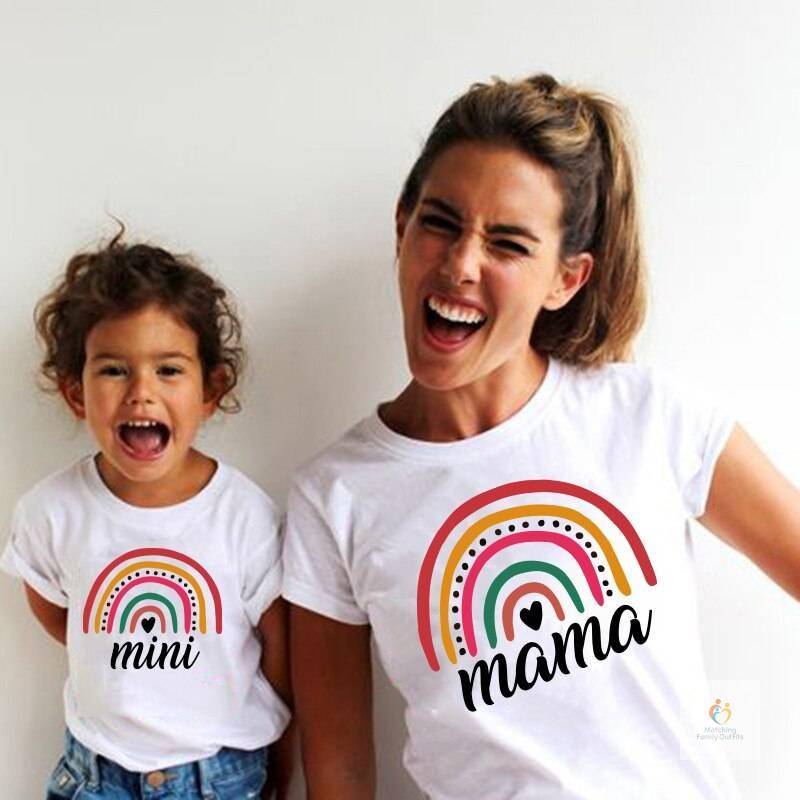 Funny Rainbow T shirts Matching Mother Daughter Clothes Summer Family Matching Outfits Short Sleeve Family Look Girls Co