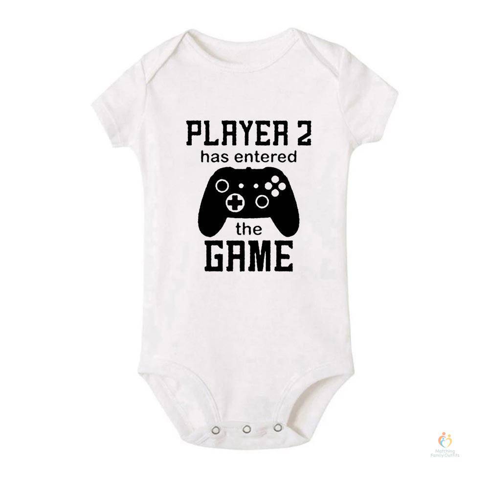 Baby Romper Pregnancy Announcement Gift Player 2 Enter Game Leveled Up To Dad T Shirts Daddy and Son Matching Family Fun 3