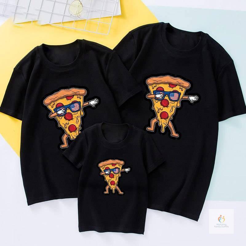 Family Matching Outfits Father Mother Daughter Son Pizza Print T shirt Clothes Dad Mom and Me Baby Summer Tshirt Family 1 3