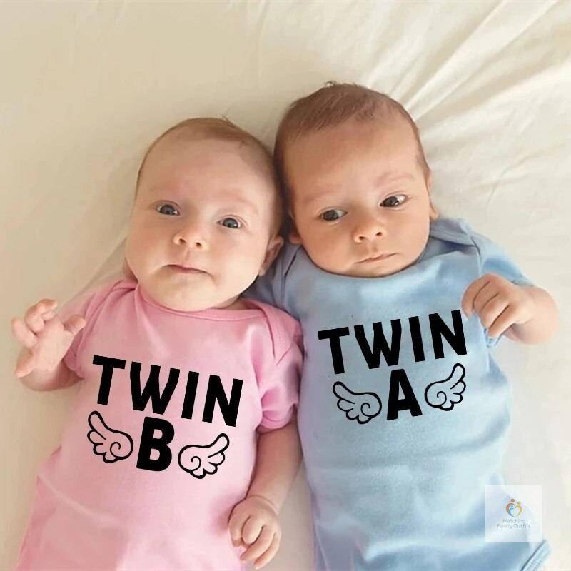 Twin A Twin B Funny Newborn Baby Bodysuits Cotton Short Sleeve Twins Rompers Summer Infant Boys Girls Jumpsuits Ropa Clo