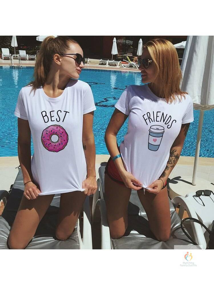 Women Tee Best Friend BFF Shirts Matching Cartoon Donut Coffee Print Girlfriend Tshirt Cute Best Friend T Shirts Outfits 1