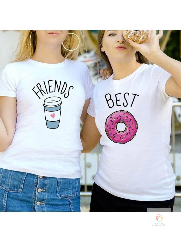 Women Tee Best Friend BFF Shirts Matching Cartoon Donut Coffee Print Girlfriend Tshirt Cute Best Friend T Shirts Outfits 2