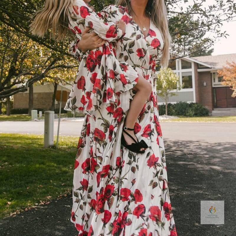 2021 Mom And Daughter Floral Long Sleeve Dress Clothes Family Look Matching Outfits Wedding Party Mommy And Me Long Dres 1