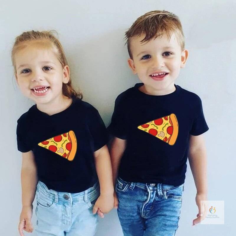 Funny Pizza and Pizza Slice Print Family Matching Shirts Cotton Dad and Daughter Son Kids Tshirts Baby Rompers Father’s Day Gift