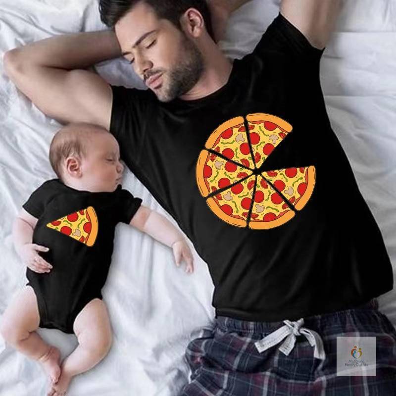 Funny Pizza and Pizza Slice Print Family Matching Shirts Cotton Dad and Daughter Son Kids Tshirts Baby Rompers Father’s Day Gift