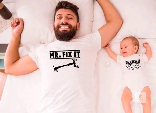 Mr Broke It and Mr Fix It Family Look Daddy Me Family Matching Clothes Shirts Dad Baby Clothes Short Sleeve T-shirt Clothes 1pc