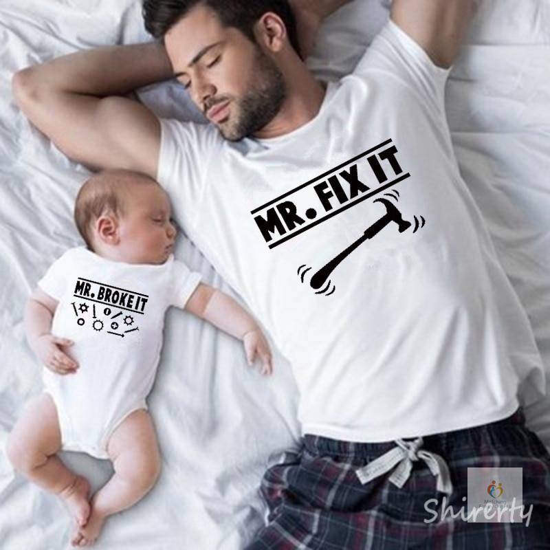 Mr Broke It and Mr Fix It Family Look Daddy Me Family Matching Clothes Shirts Dad Baby Clothes Short Sleeve T-shirt Clothes 1pc