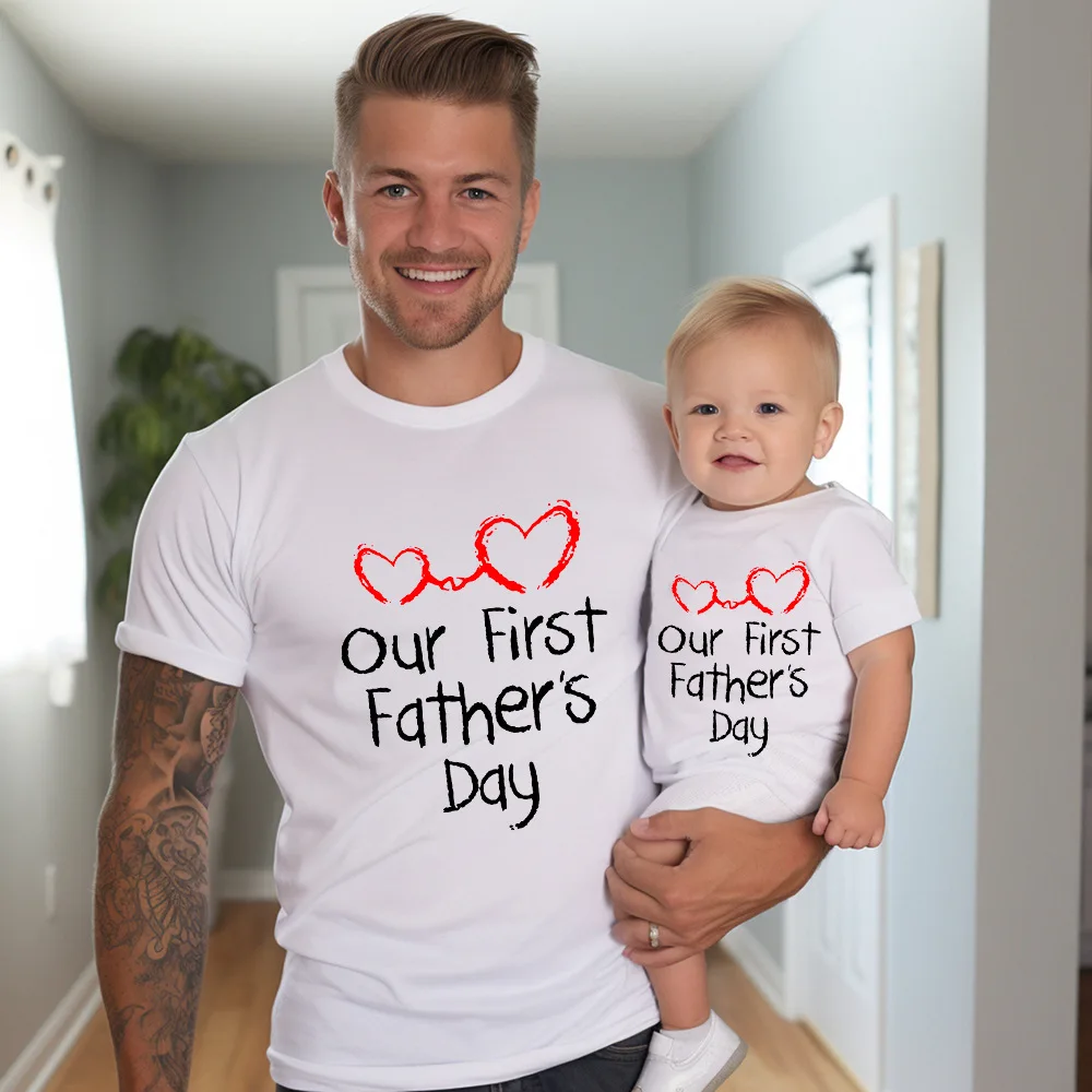Our First Father’s Day Together Family Outfit Letter Print Family Matching Set Casual Round Neck Matching Outfit Clothing