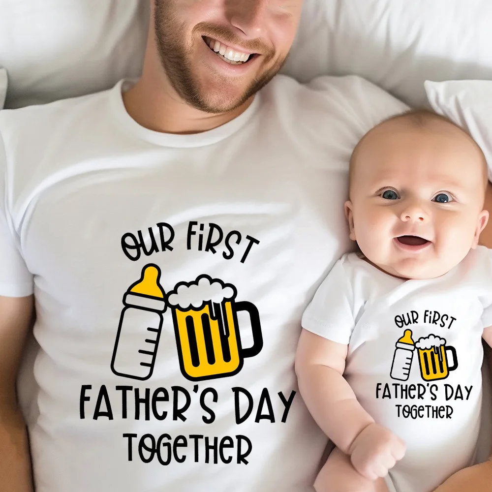 Infant’s Our First Father’s Day Together Outfit Letter Print Family Matching Set Casual Short Sleeve Matching Outfit Clothing