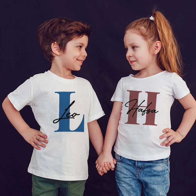Kids Personalised Name Initial T-shirt Kids Top Children’s Custom T-shirts Boy’s Girl’s Customised Tee Birthday Gift